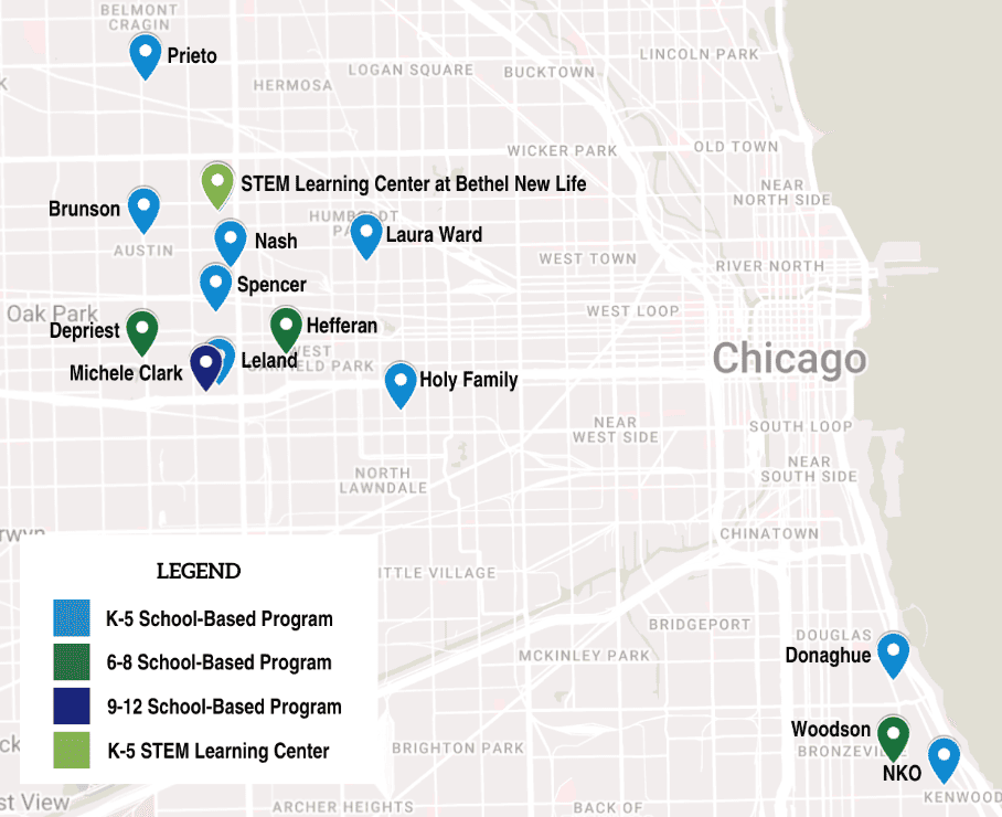 A map of the city of Chicago with markers that locate the schools listed in the article body.