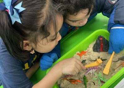 Two students work together with Paleontology tools to dig for dinosaurs in a sandbox.