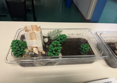 A panorama in a plastic container is shown containing a wooden house, trees, rocks and sand. The wall of trees on the coast is not intact and the dirt is soaked.